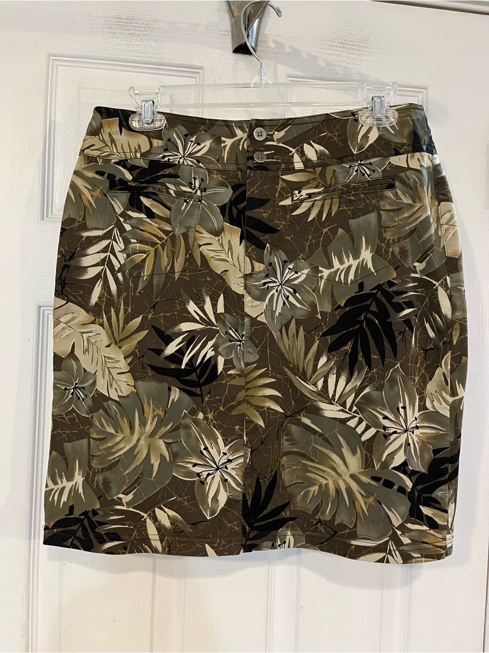 CHICO’S DESIGN TROPICAL PRINT FLORAL MIDI SKIRT GREEN BROWN CHICOS SIZE 1 SMALL